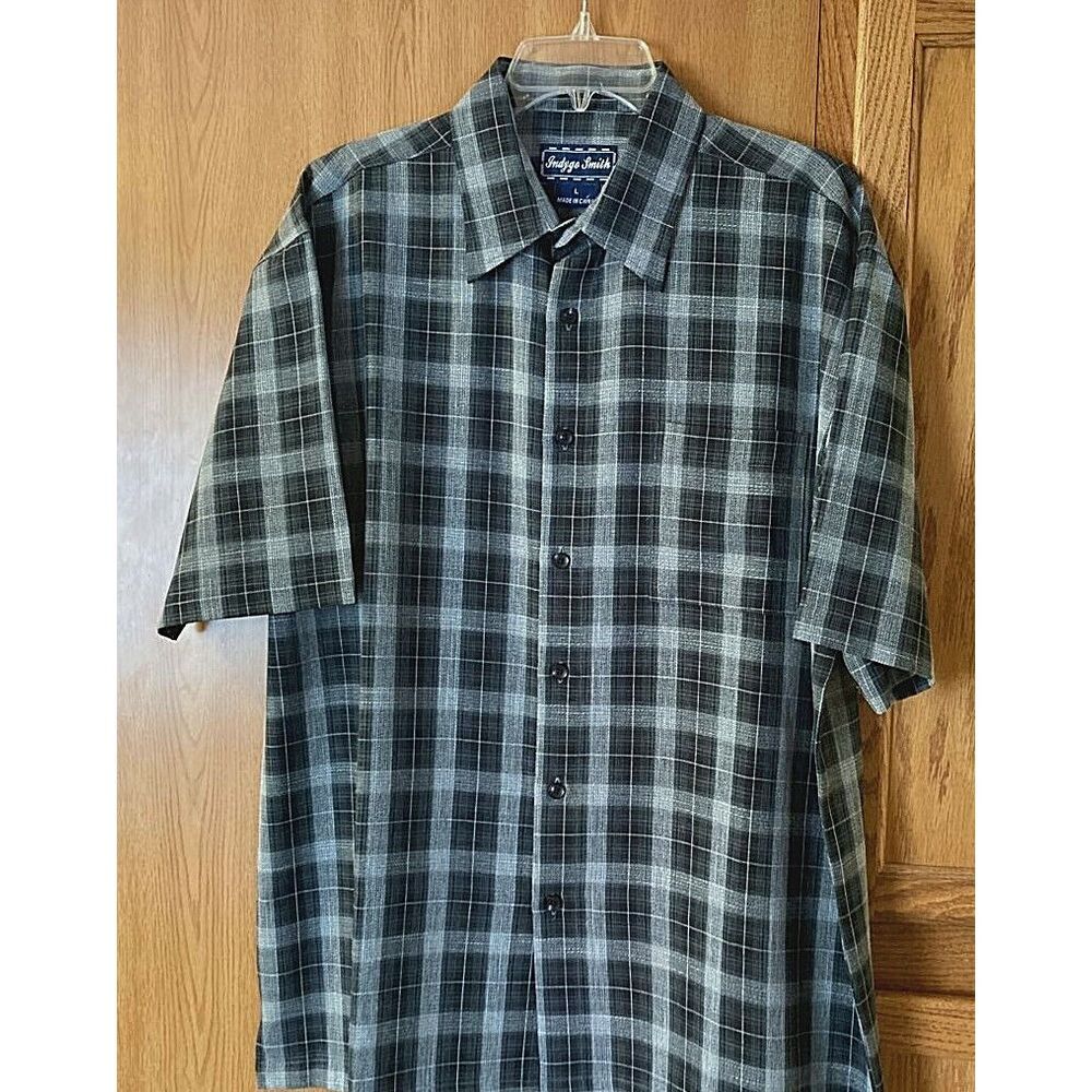 Indygo Smith Mens Button Front Shirt Gray Black Plaid Short Sleeve Pocket L New